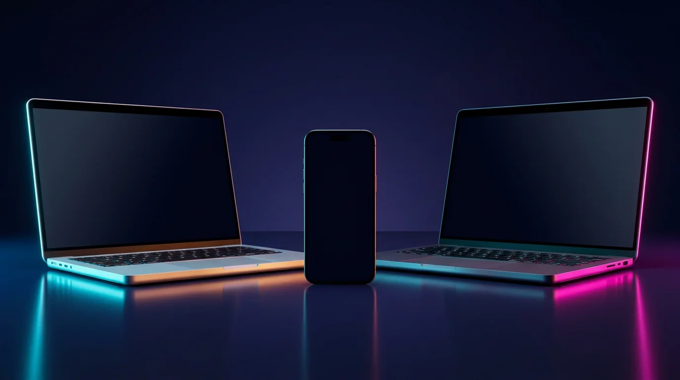 A Windows laptop, an iPhone and a MacBook lit with coloured studio light
